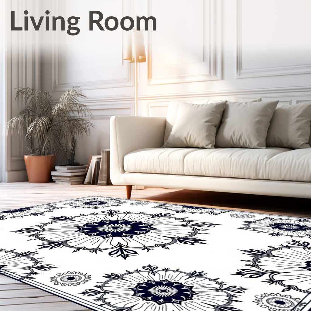 Dark Blue Floral Mandala Pattern Rug