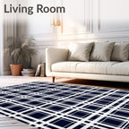 Classic White Navy Plaid Pattern Rug