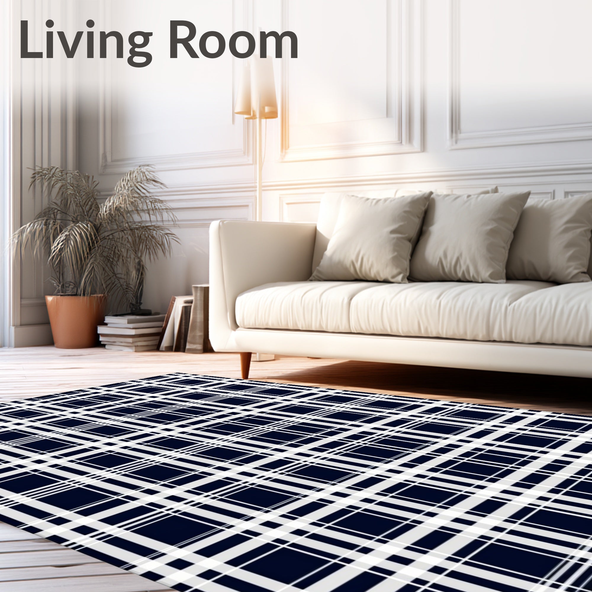 Classic White Navy Plaid Pattern Rug