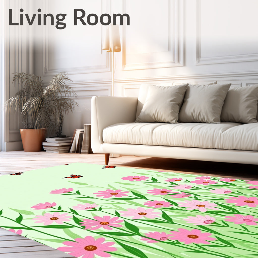 Pink Daisy Butterfly Meadow Pattern Rug