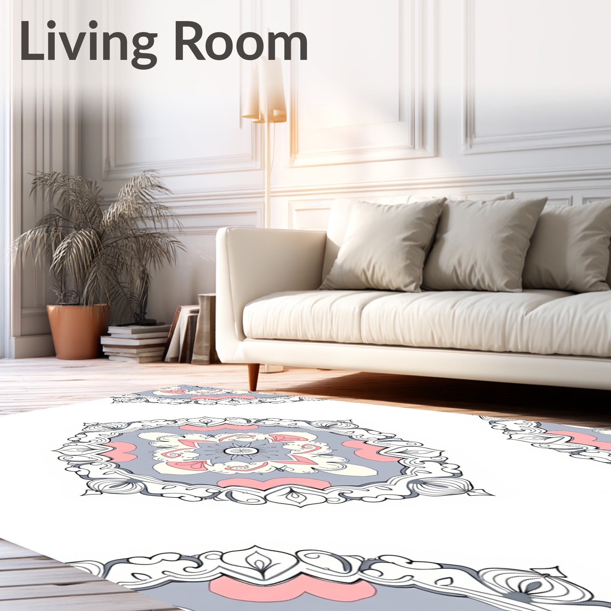 Pink Gray White Floral Mandala Pattern Rug