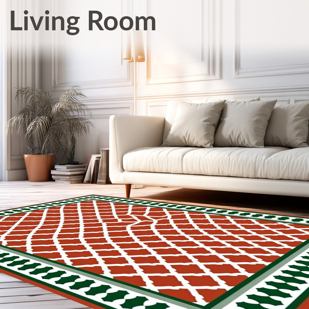 Terracotta Lattice Bordered Geometric Design Rug