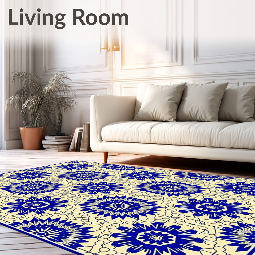 Blue Cream Intricate Floral Pattern Rug