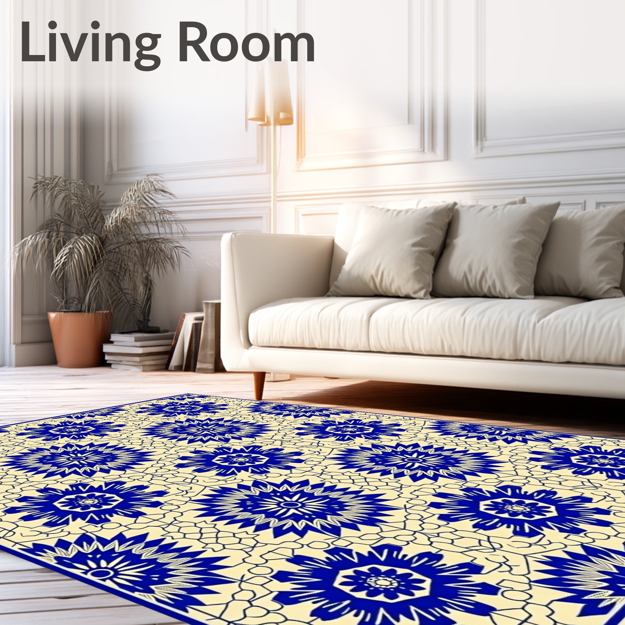 Blue Cream Intricate Floral Pattern Rug