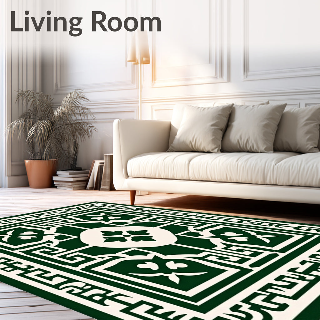 Dark Green White Geometric Floral Rug
