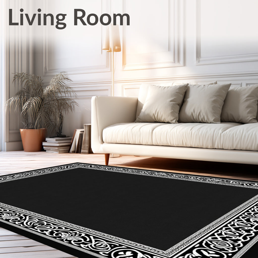 Abstract Black White Interlocking Border Rug