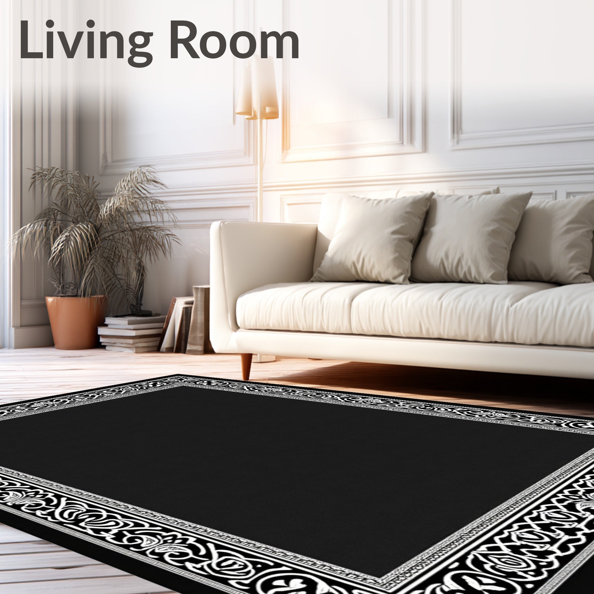 Abstract Black White Interlocking Border Rug