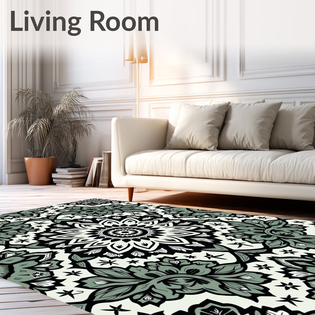 Monochrome Floral Mandala Pattern Rug