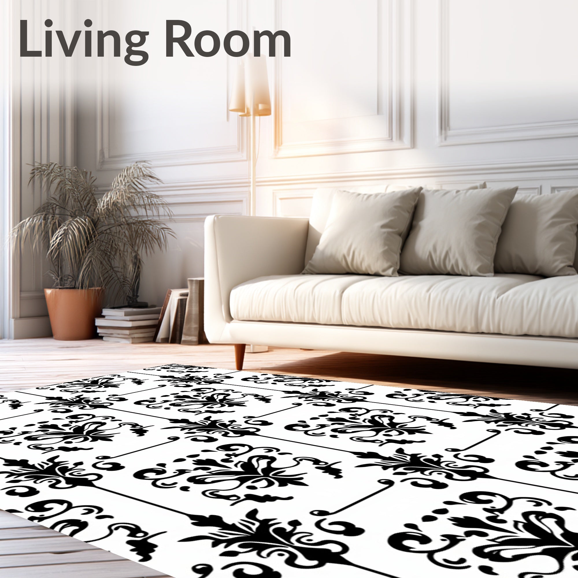 Classic Damask Floral Black White Pattern Rug