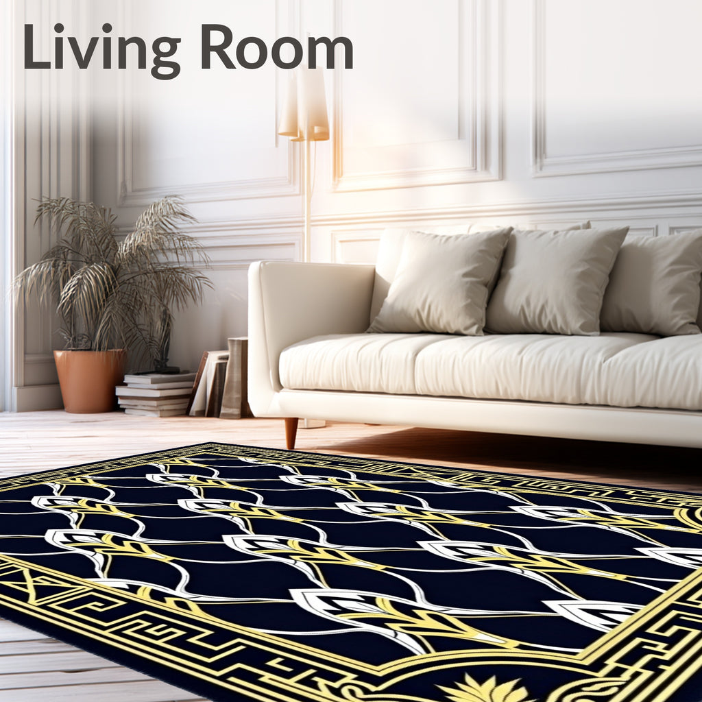 Elegant Navy White Yellow Patterned Rug