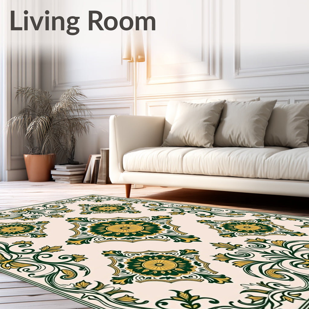 Elegant Green Gold Floral Scroll Pattern Rug