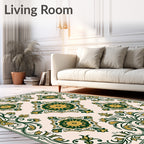 Elegant Green Gold Floral Scroll Pattern Rug