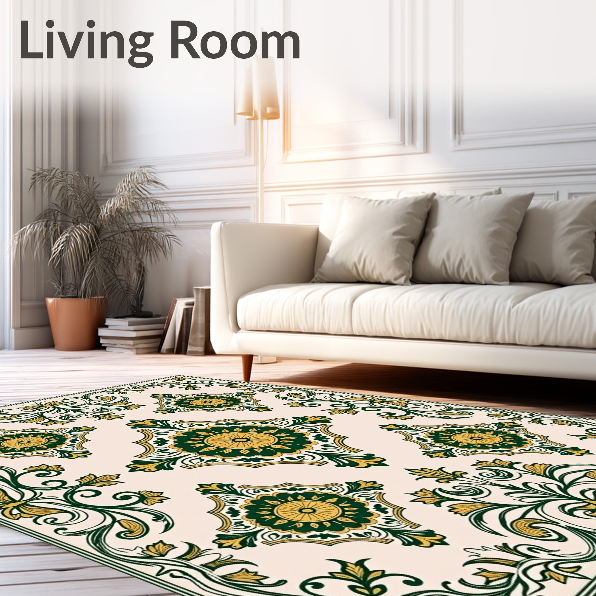 Elegant Green Gold Floral Scroll Pattern Rug