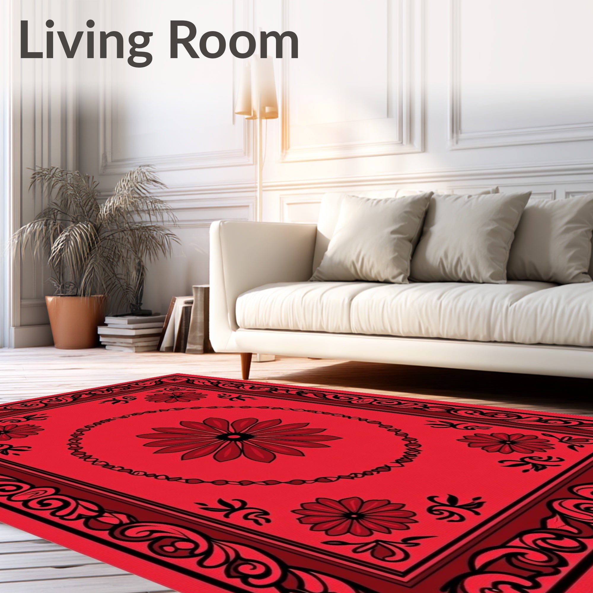 Bold Red Floral Frame Design Rug