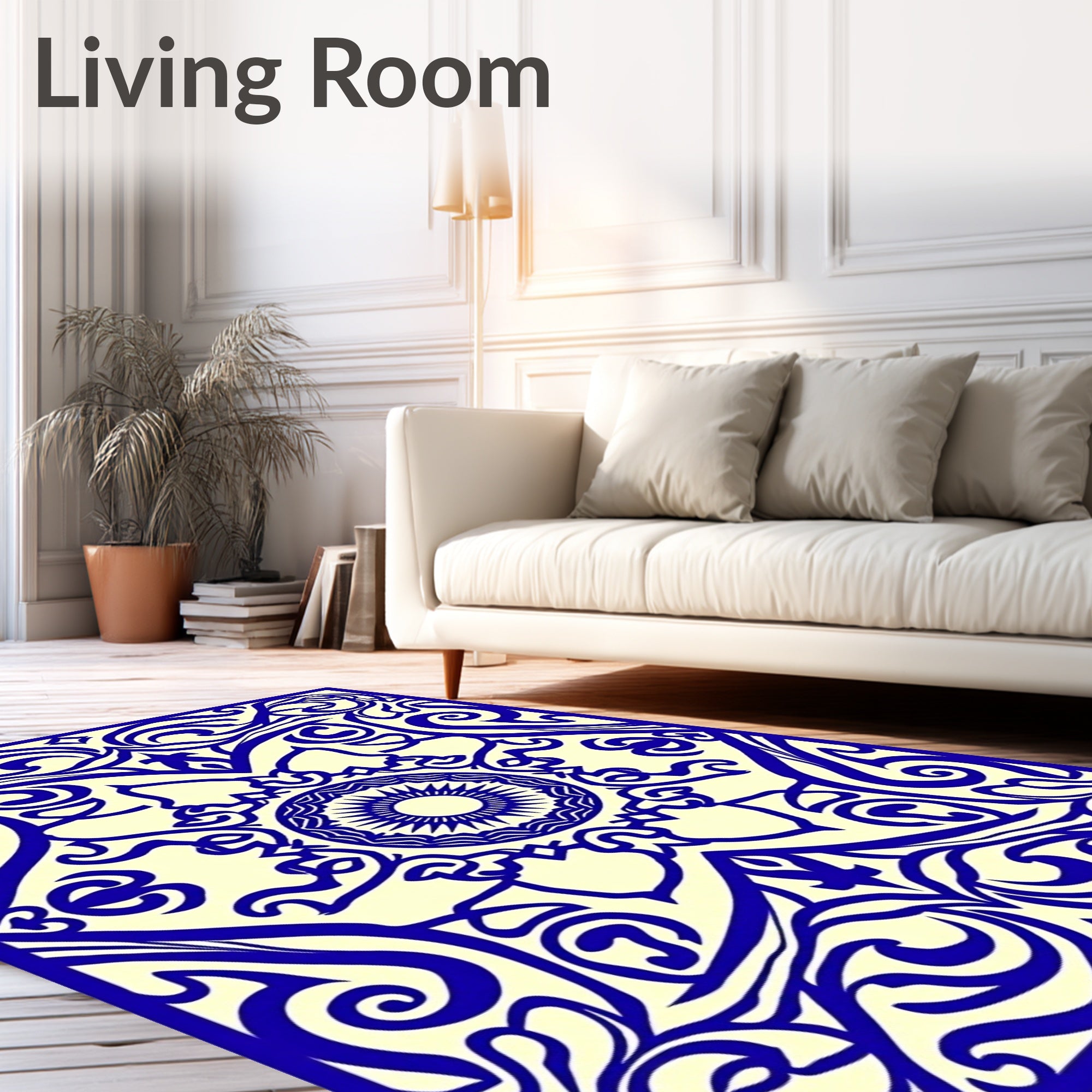 Navy Blue Intricate Floral Mandala Pattern Rug