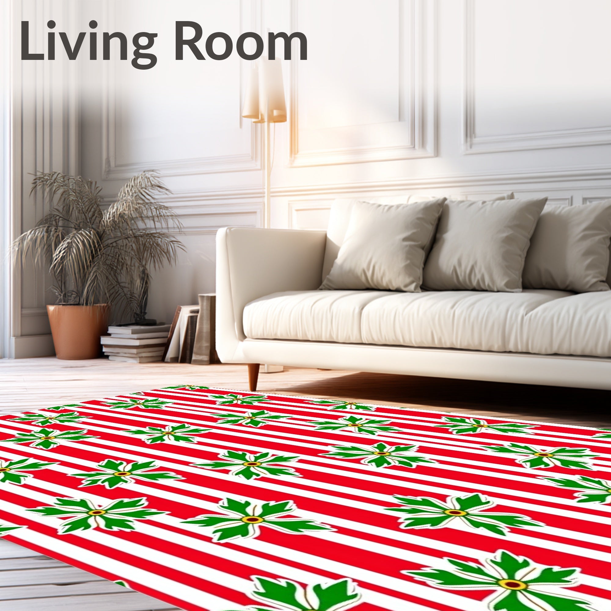 Red White Striped Green Floral Rug