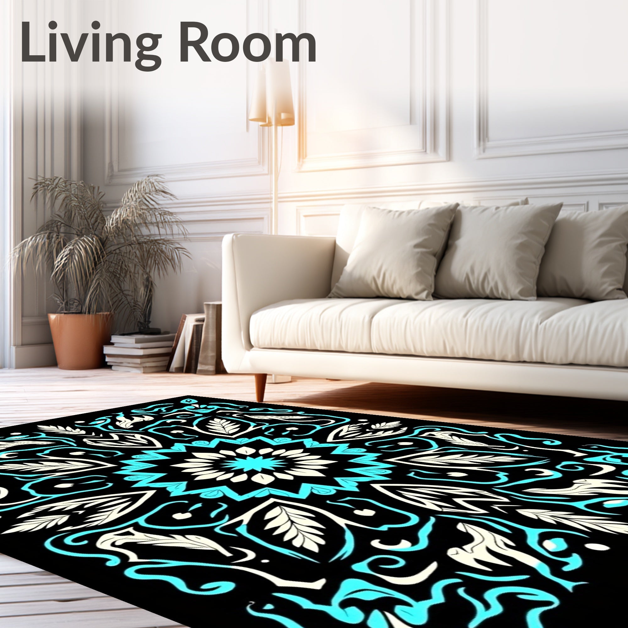 Abstract Teal Cream Mandala Design Rug