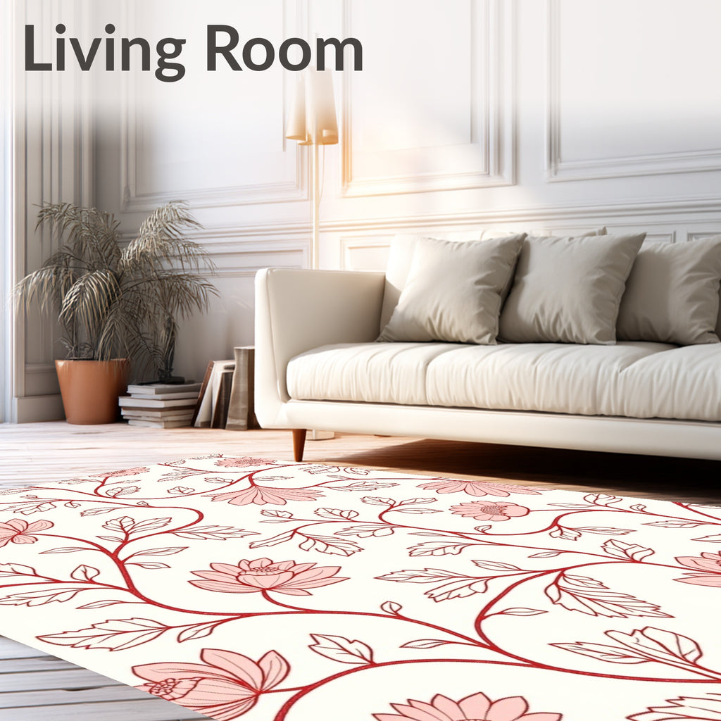 Floral Vine Patterned Red and Ivory Rug