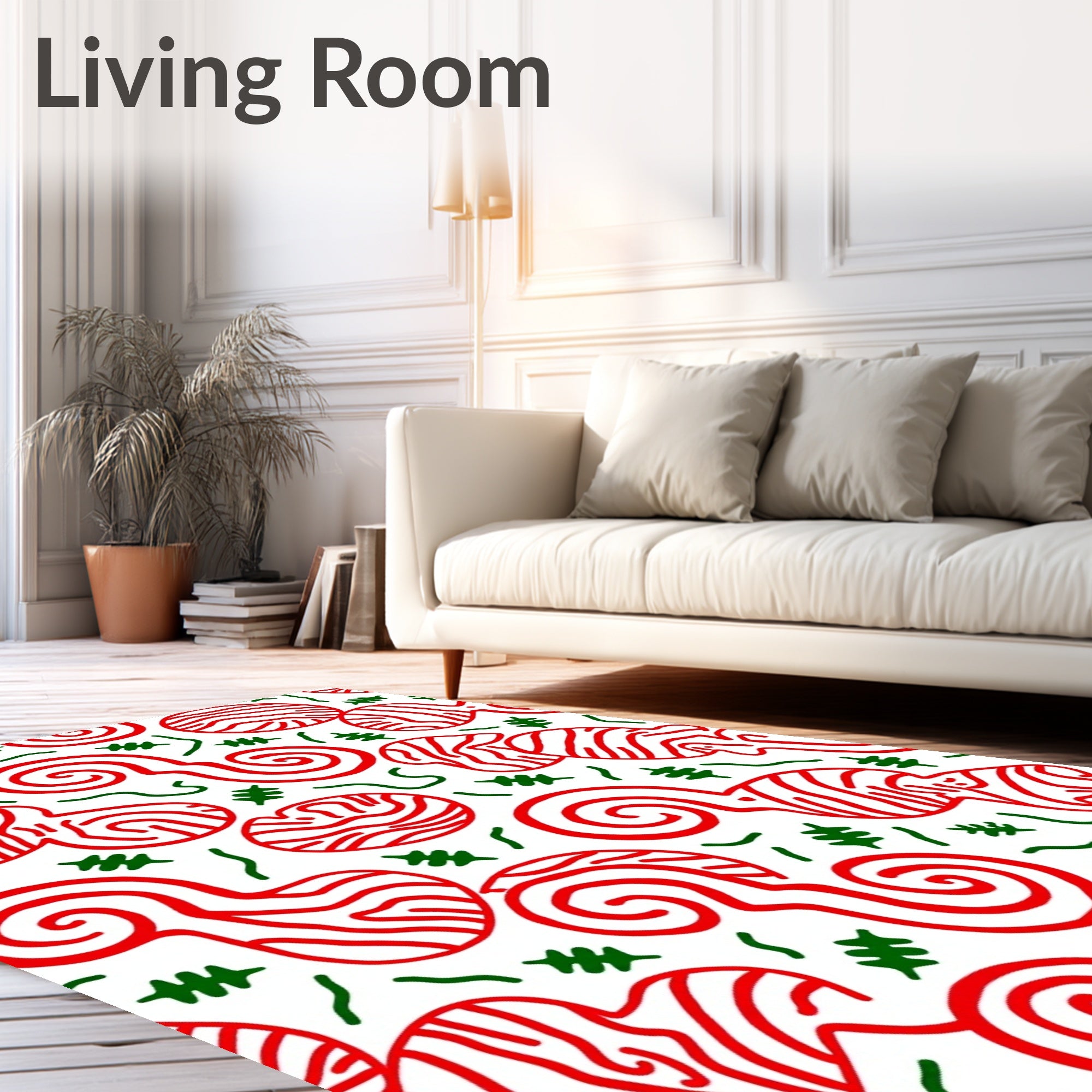 Red White Swirls And Green Sprigs Rug