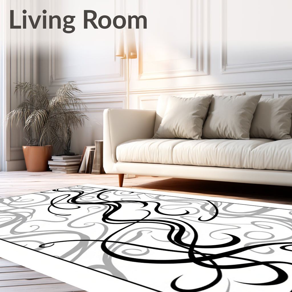 Abstract Black Swirls Grey Lines Rug