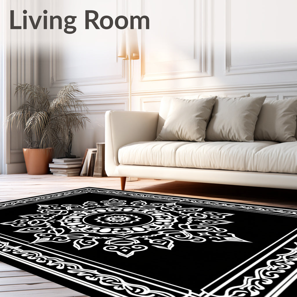 Intricate Mandala Floral Black White Rug