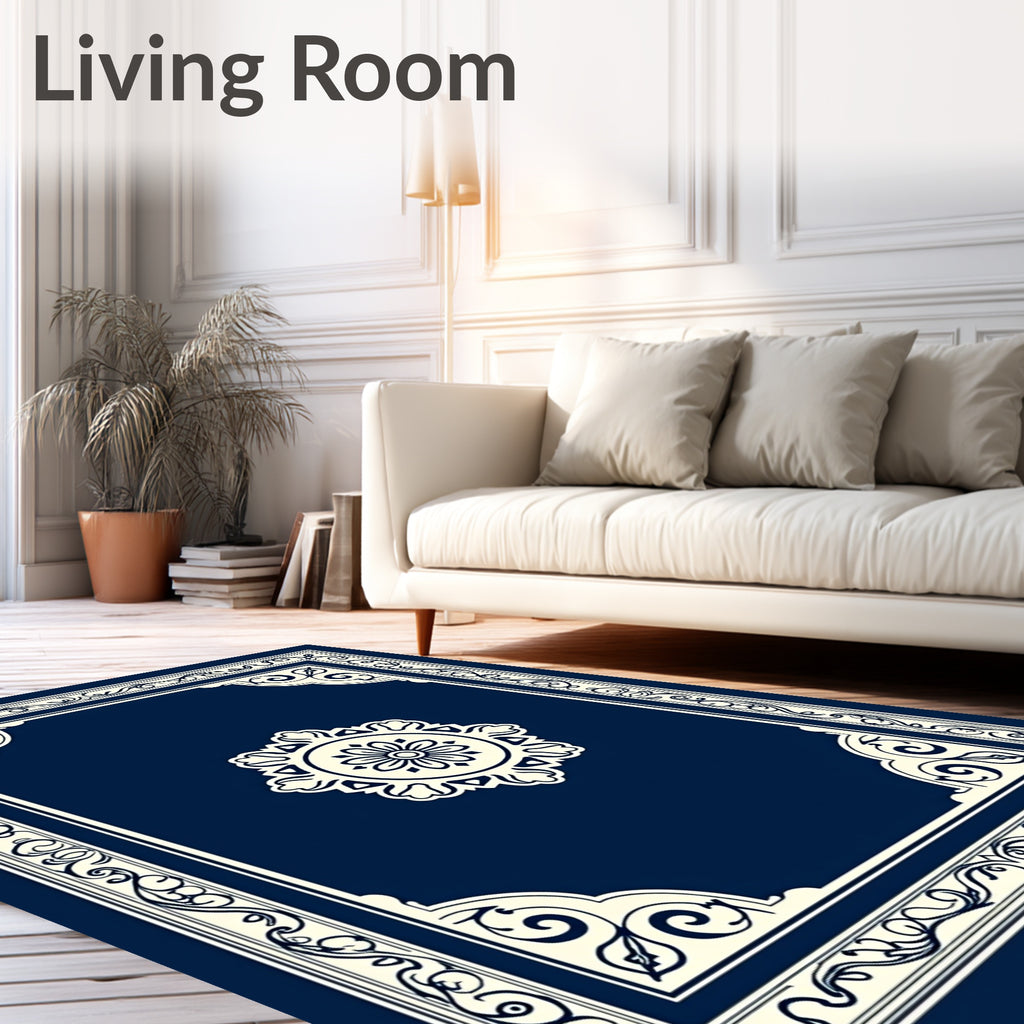 Navy Blue Decorative Floral Frame Rug