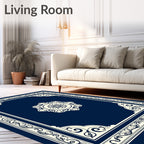 Navy Blue Decorative Floral Frame Rug