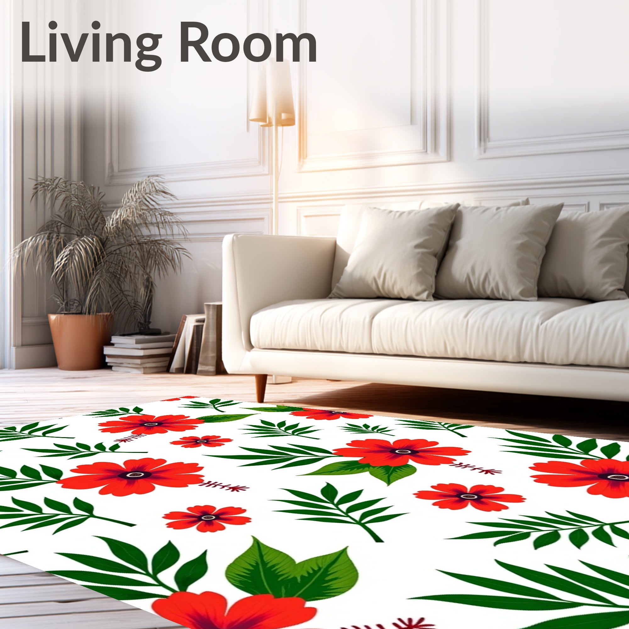 Vibrant Red Floral Botanical Pattern Rug