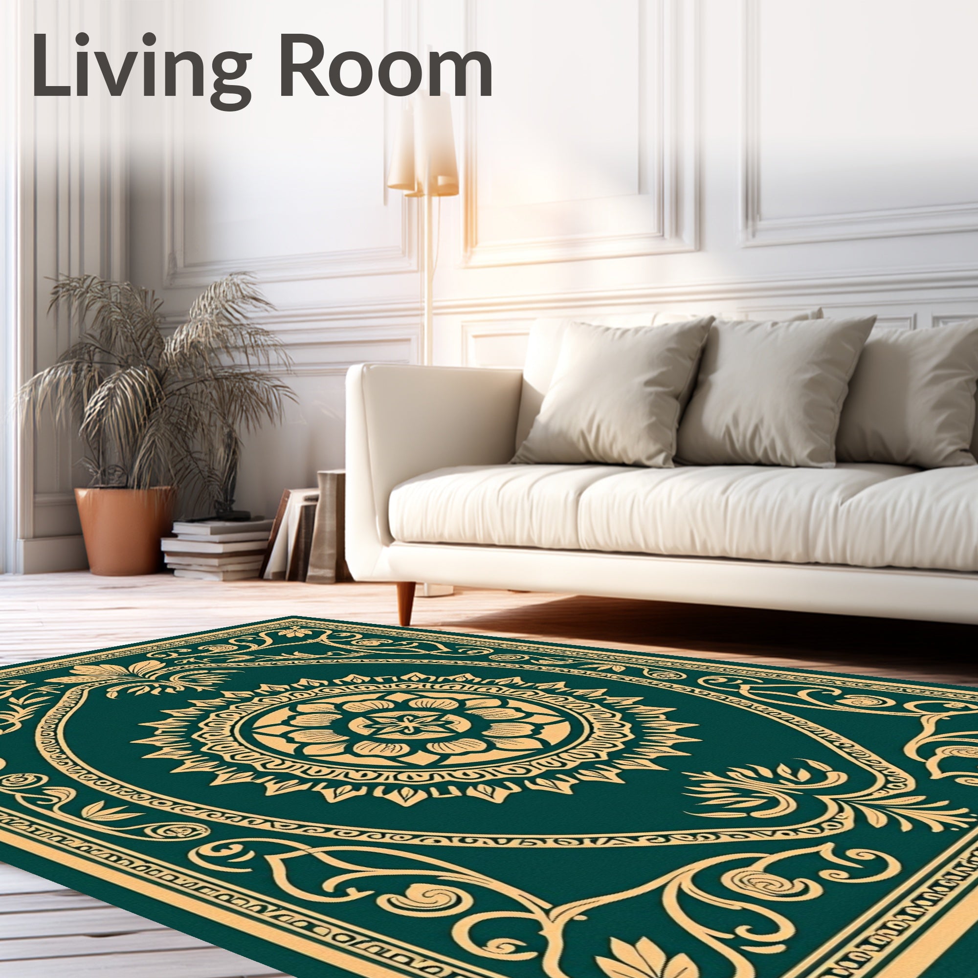 Emerald Green Gold Floral Medallion Rug