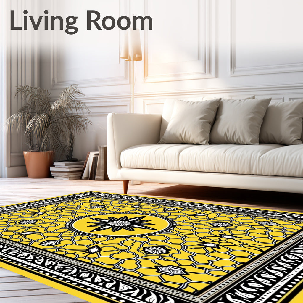 Bold Yellow Floral Geometric Pattern Rug