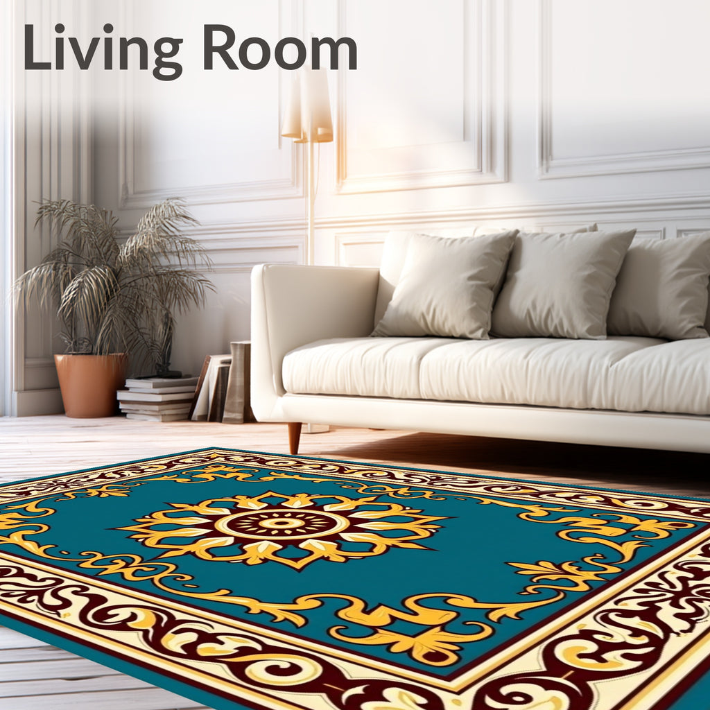 Classic Teal Medallion Scrollwork Pattern Rug
