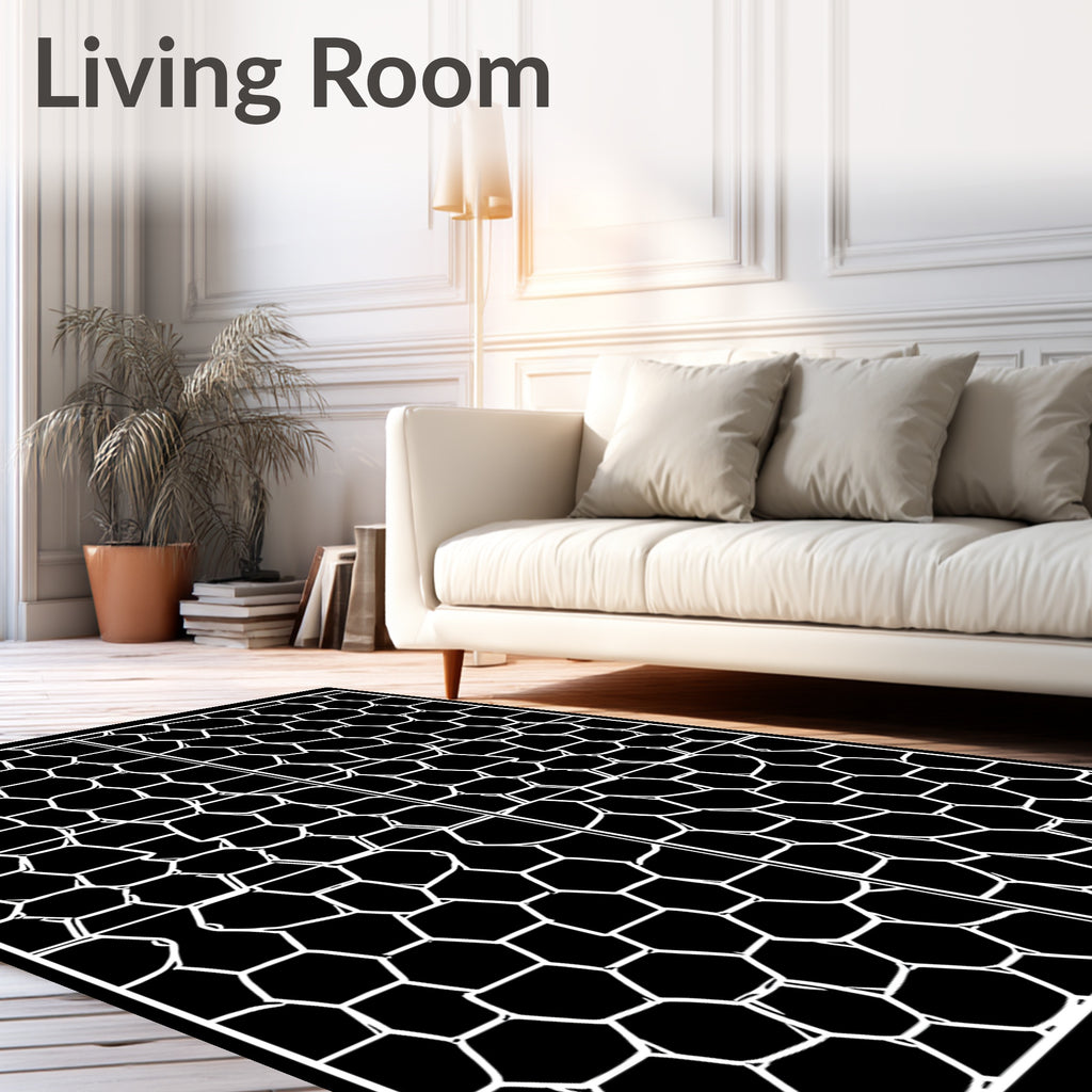 Black White Distorted Hexagon Pattern Rug