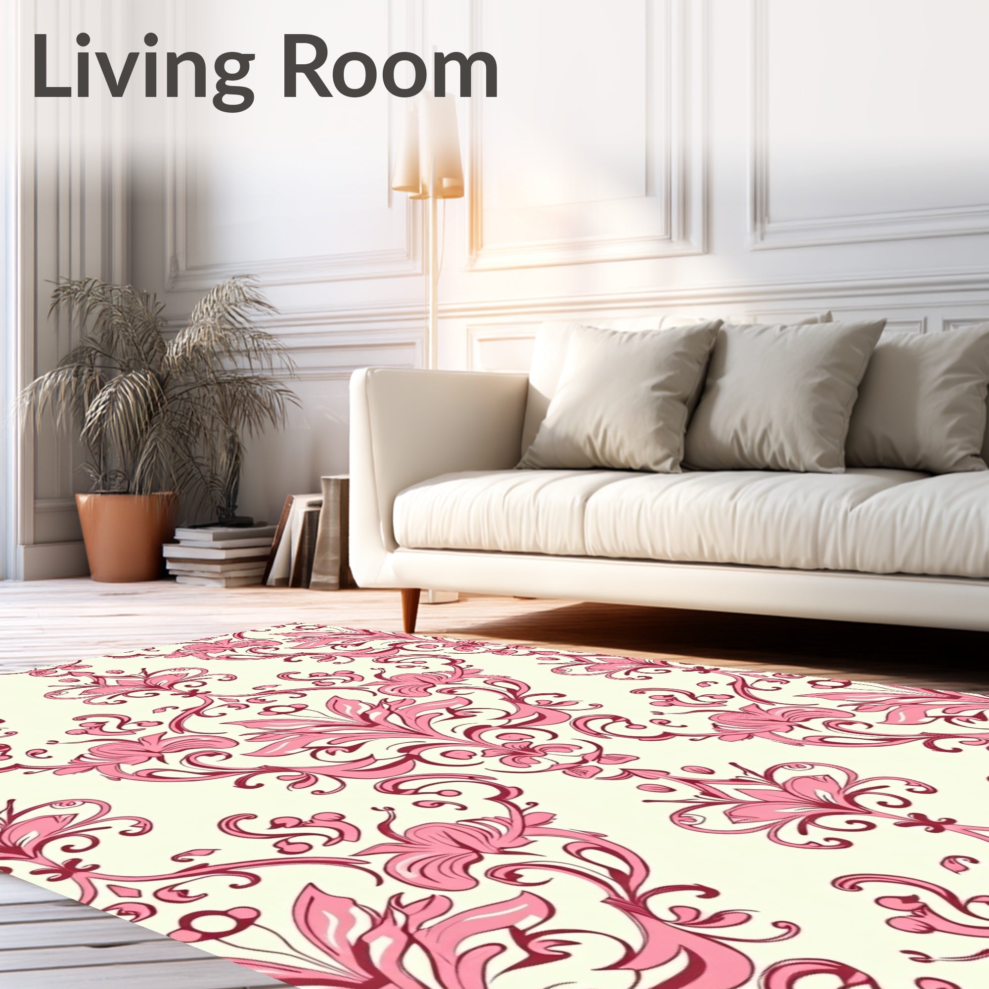 Ornate Damask Pink Floral Design Rug