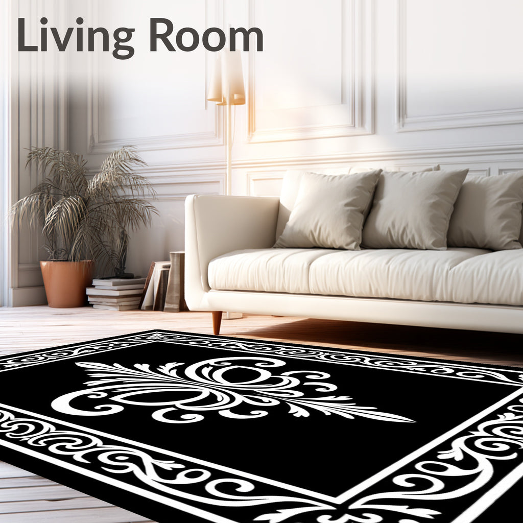 Ornate Black White Floral Swirl Rug