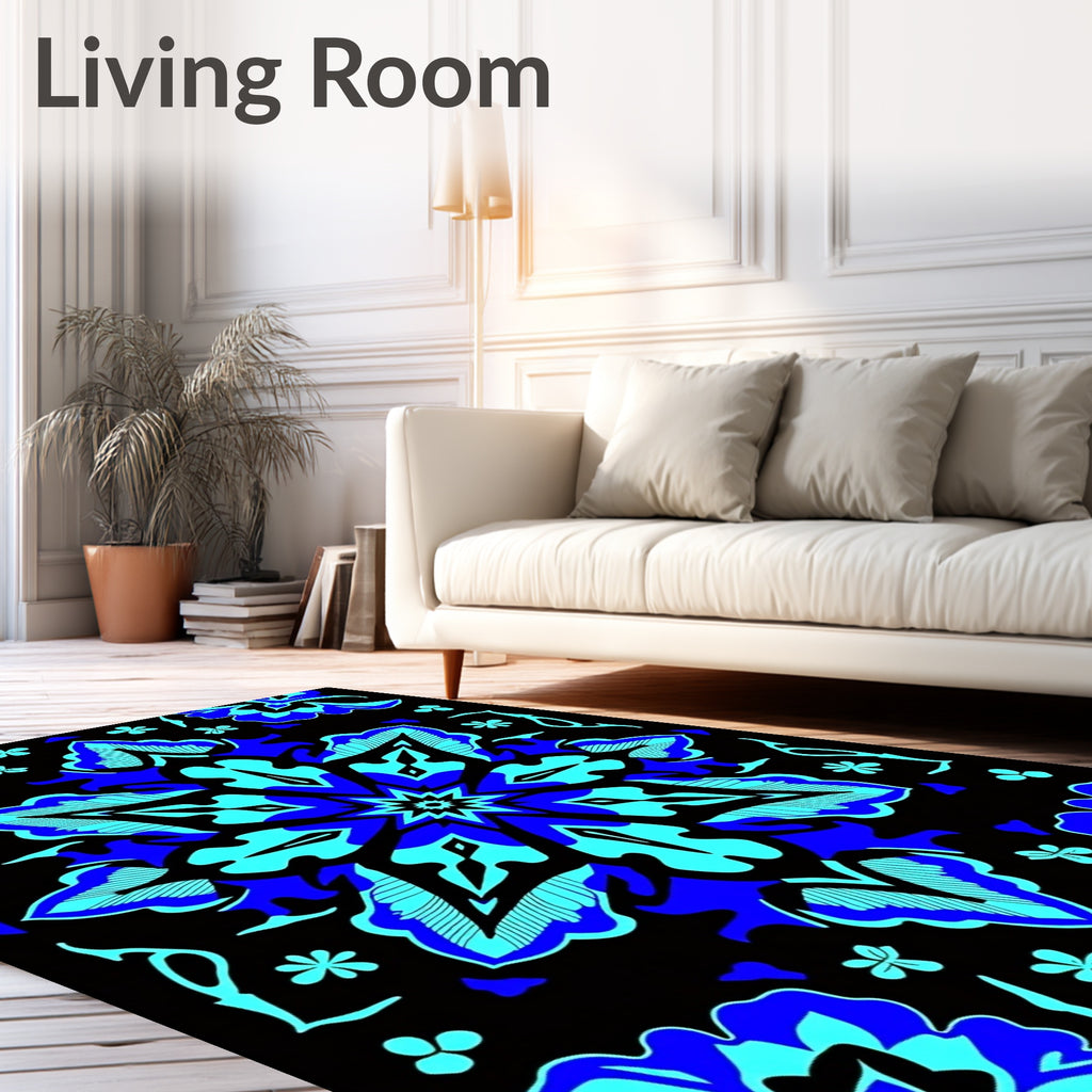 Bold Blue Floral Mandala Pattern Rug