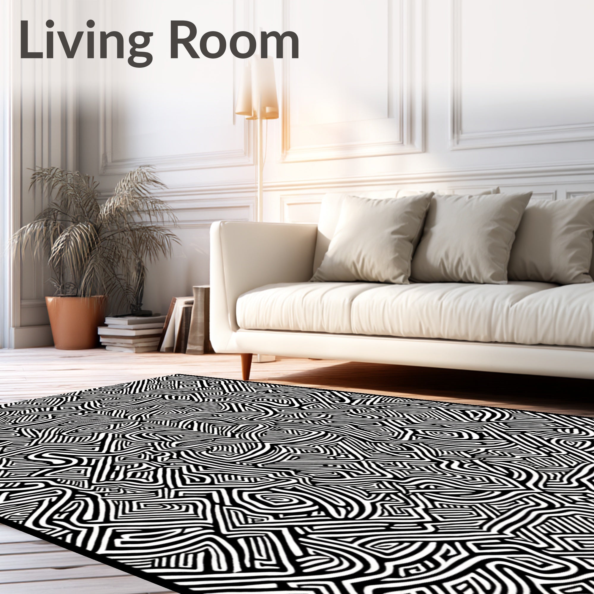 Abstract Black White Maze Pattern Rug