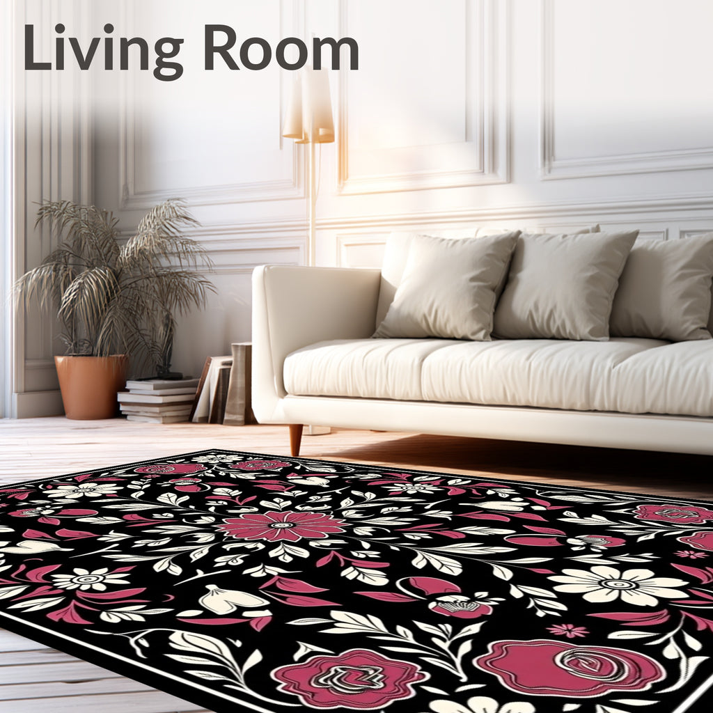 Rose Floral Pattern on Black Rug