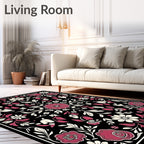 Rose Floral Pattern on Black Rug