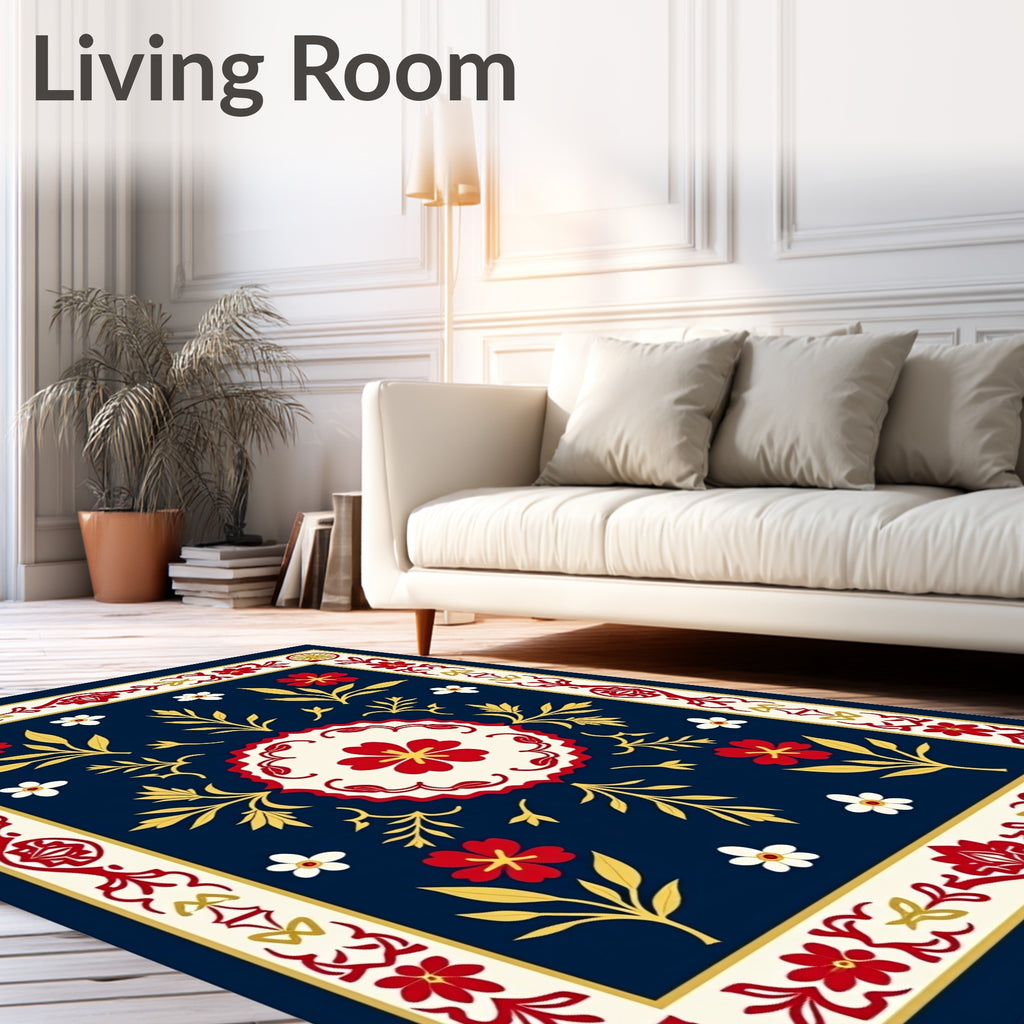 Folk Floral Medallion Navy Rug