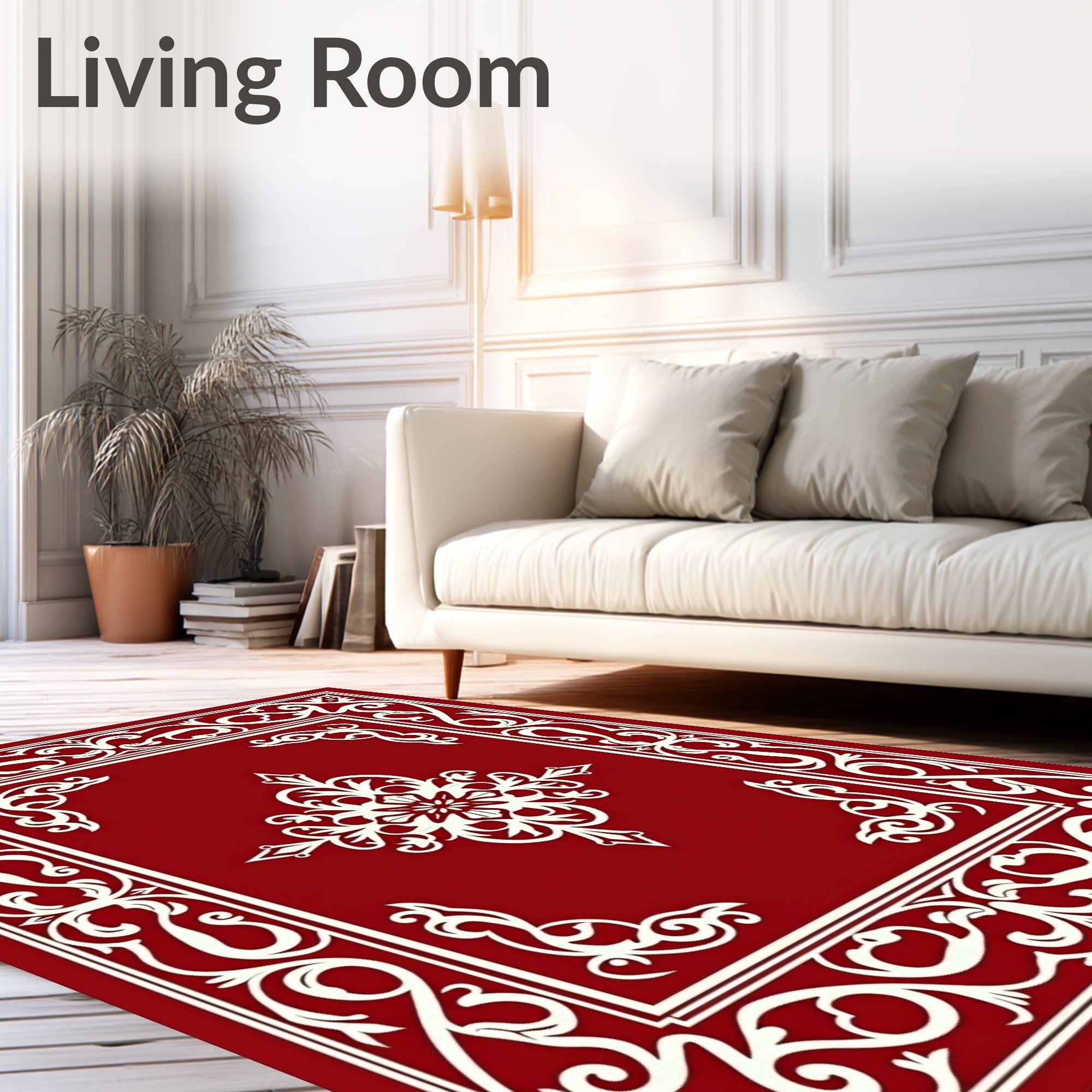 Classic Red White Scrollwork Design Rug