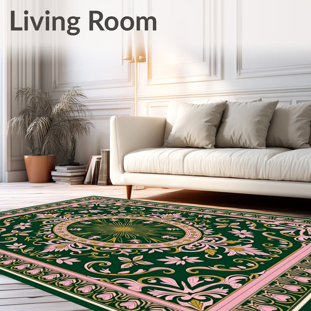 Rich Green Floral Gold Sunburst Rug