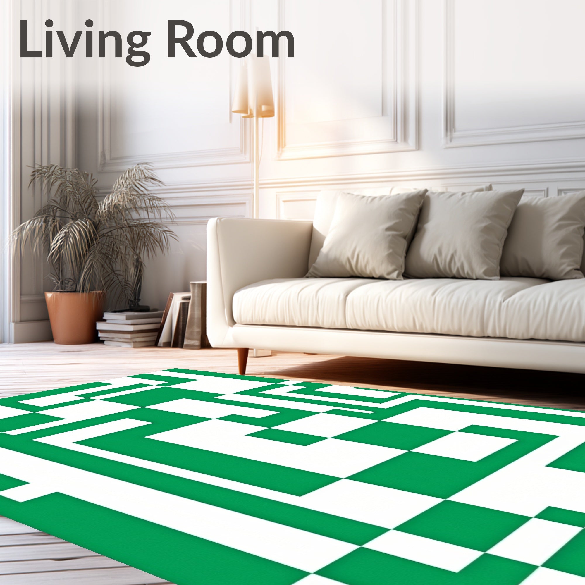 Green and White Abstract Geometric Design Rug