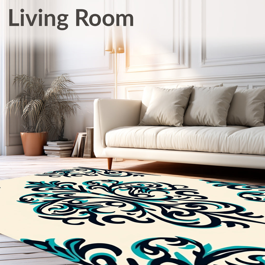 Classic Teal Navy Damask Pattern Rug