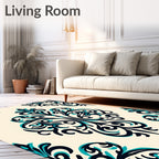 Classic Teal Navy Damask Pattern Rug