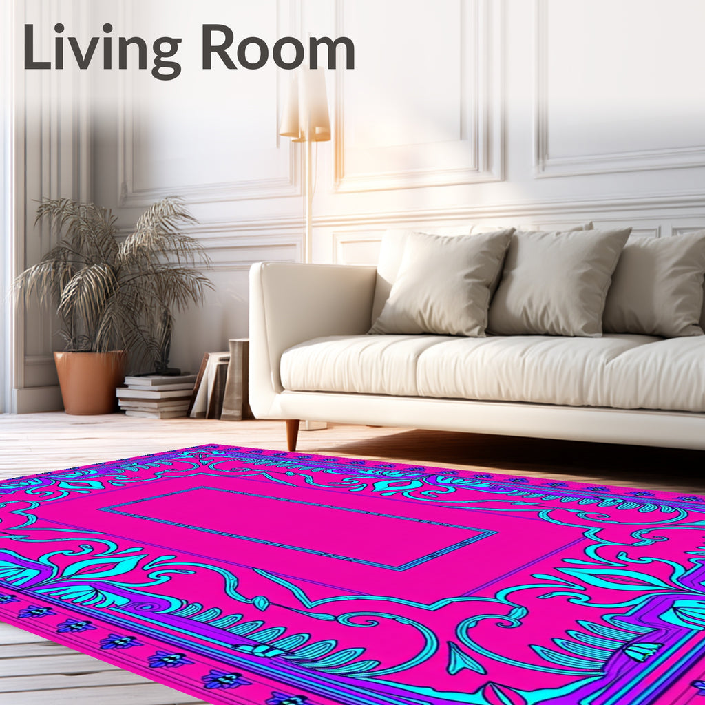 Vibrant Pink Teal Floral Frame Rug