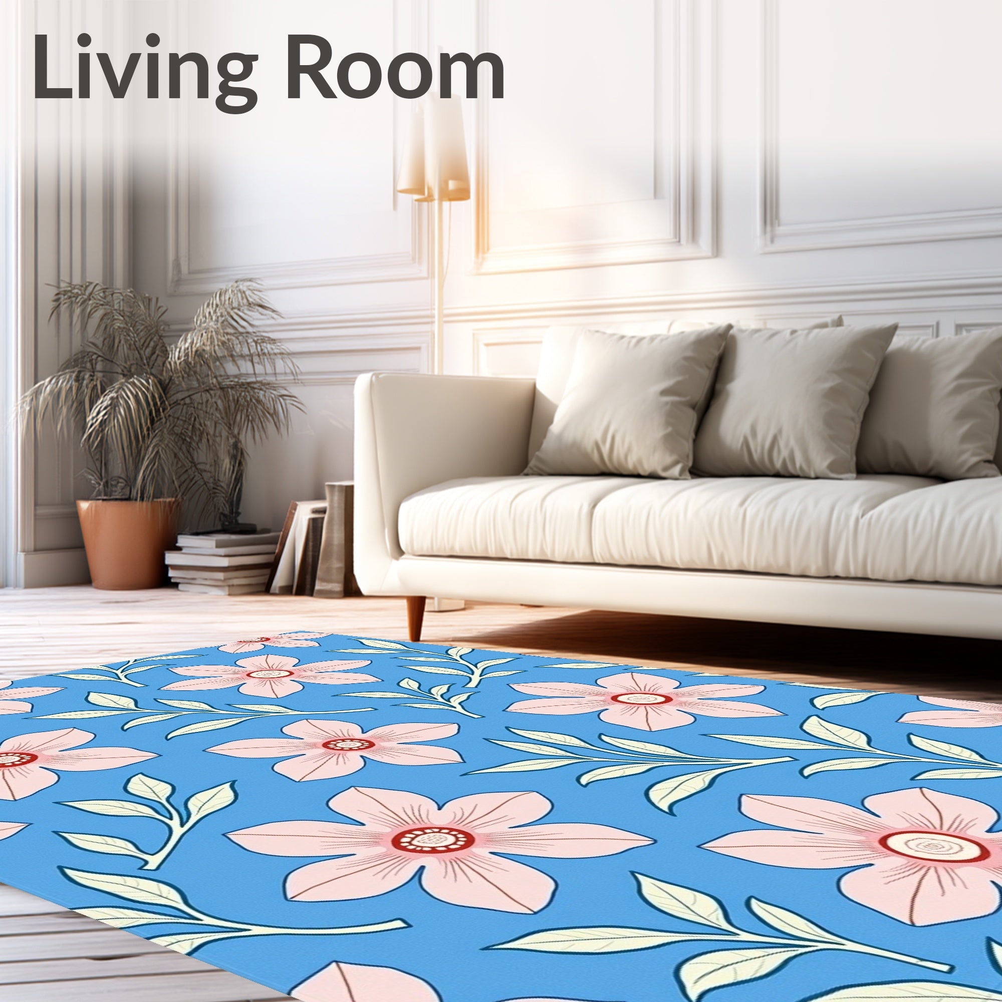 Pastel Pink Flower Blue Pattern Rug