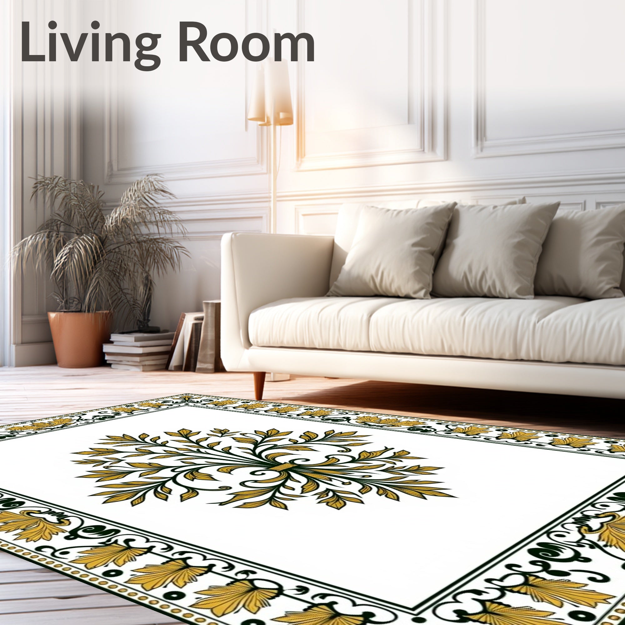 Golden Green Classical Floral Border Rug