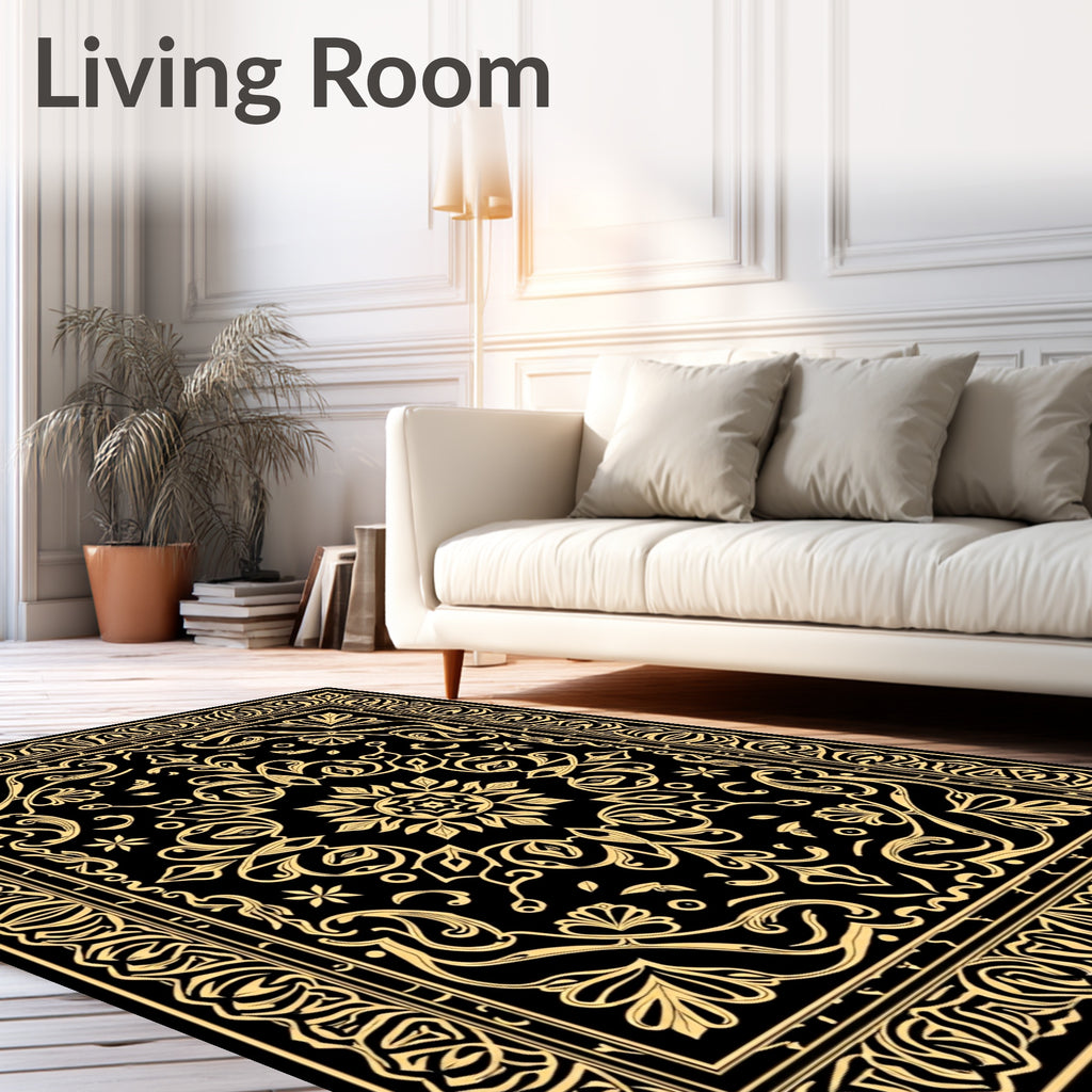 Elegant Gold Floral Scroll Pattern Rug