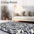 Navy Ivory Ornate Floral Vine Pattern Rug