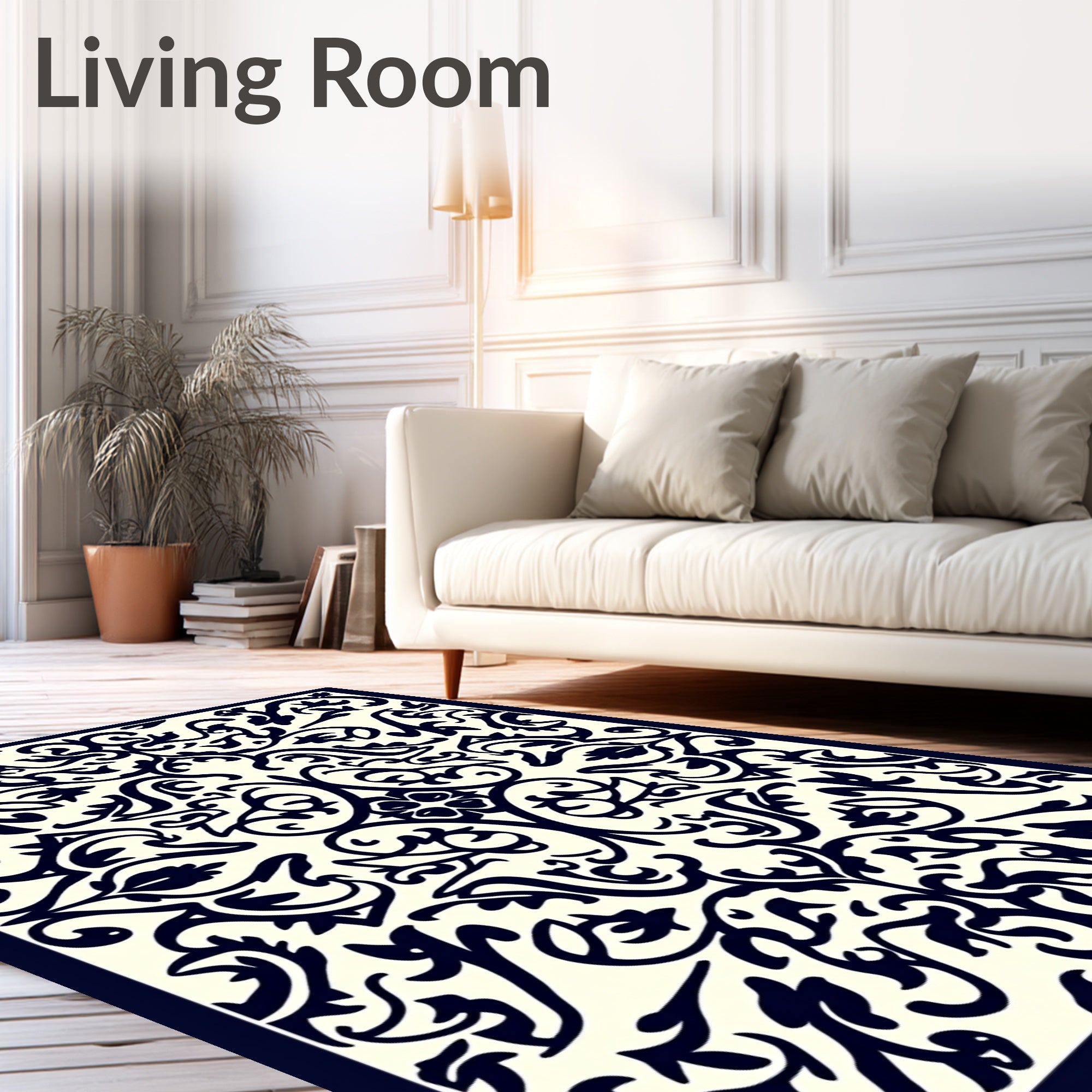 Navy Ivory Ornate Floral Vine Pattern Rug